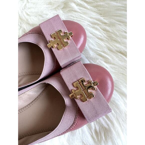 Tory Burch Soft Leather Pink Ballet Flats Gold Logo On Bow Size 5/35 Worn Once - Picture 7 of 8